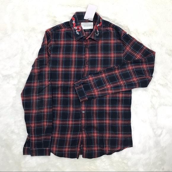GUCCI Flannel Button Up Shirt - Embroidered Snake Pattern - Made in Italy - Picture 7 of 7